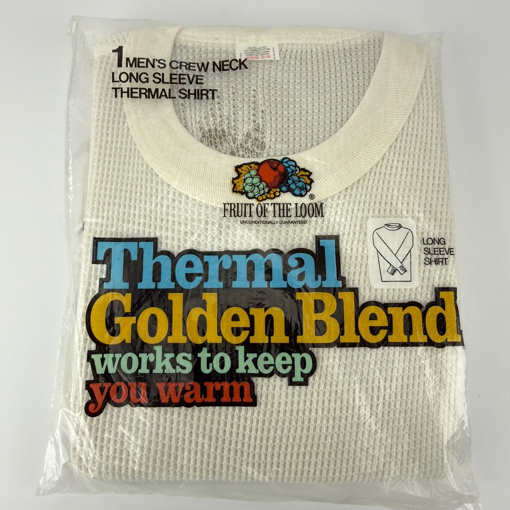 Vintage 1980 Fruit of‎ the Loom Thermal Shirt Mens Medium White Golden Blend USA